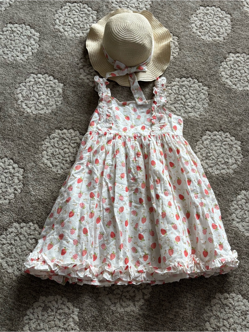 Joie Kids Straw Hat & Pink Strawberry Print Sundress Size 8
